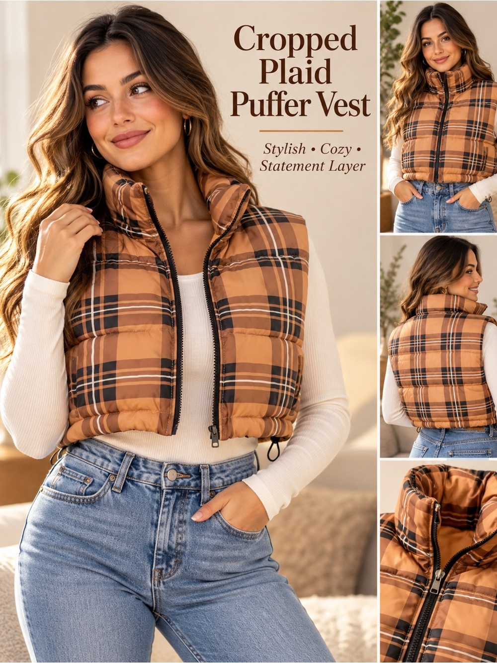 Cropped Plaid Puffer Vest - Tan & Black Plaid